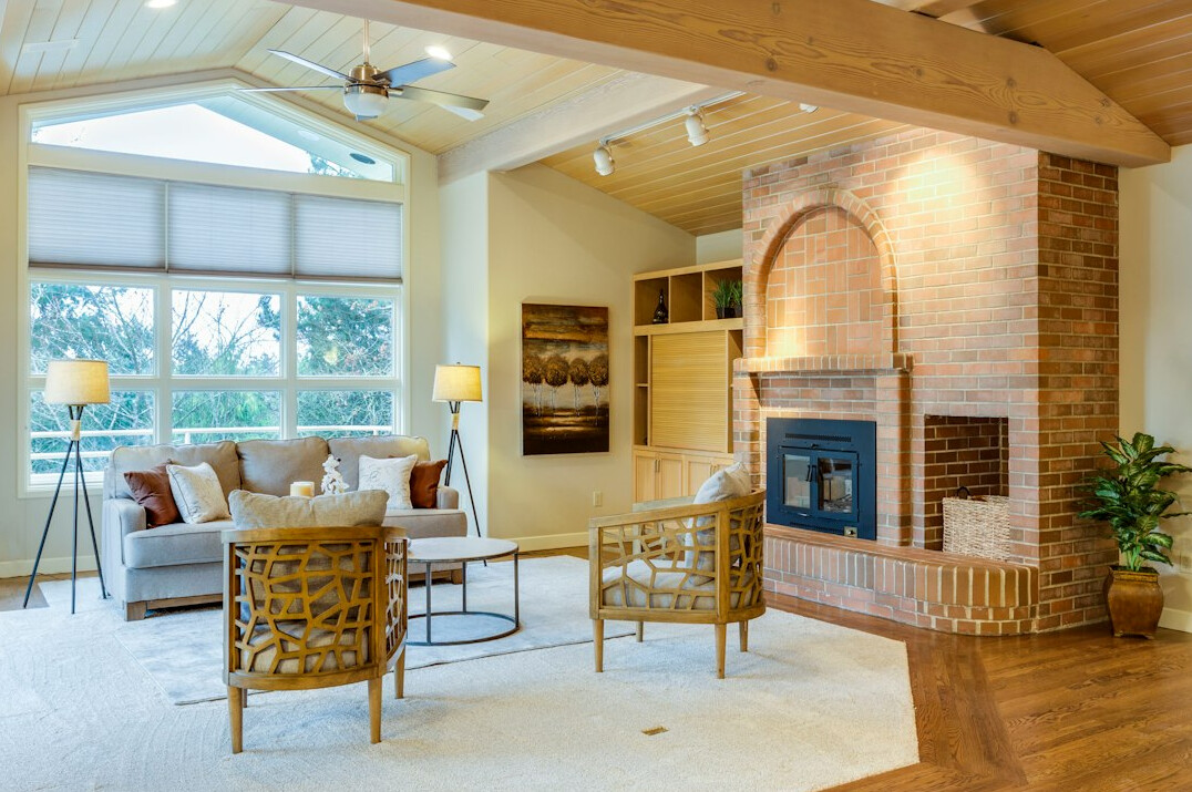 Elegant living room with designer furniture and warm lighting