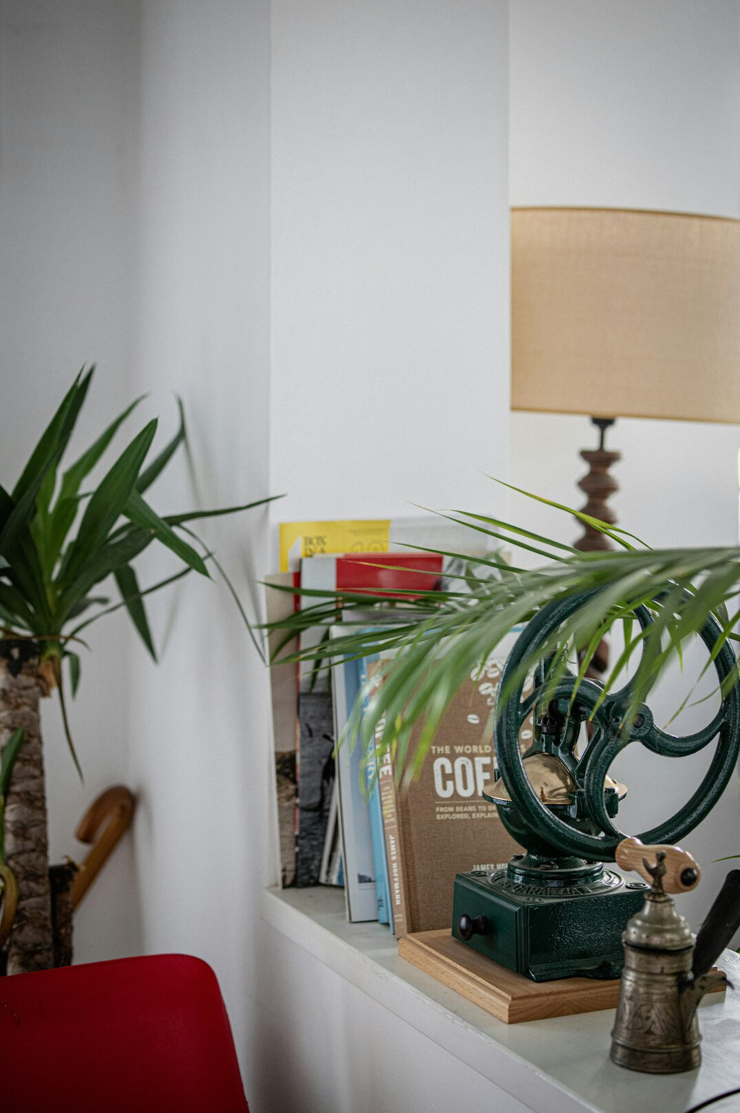 Styled interior details with lamp, books and green plants